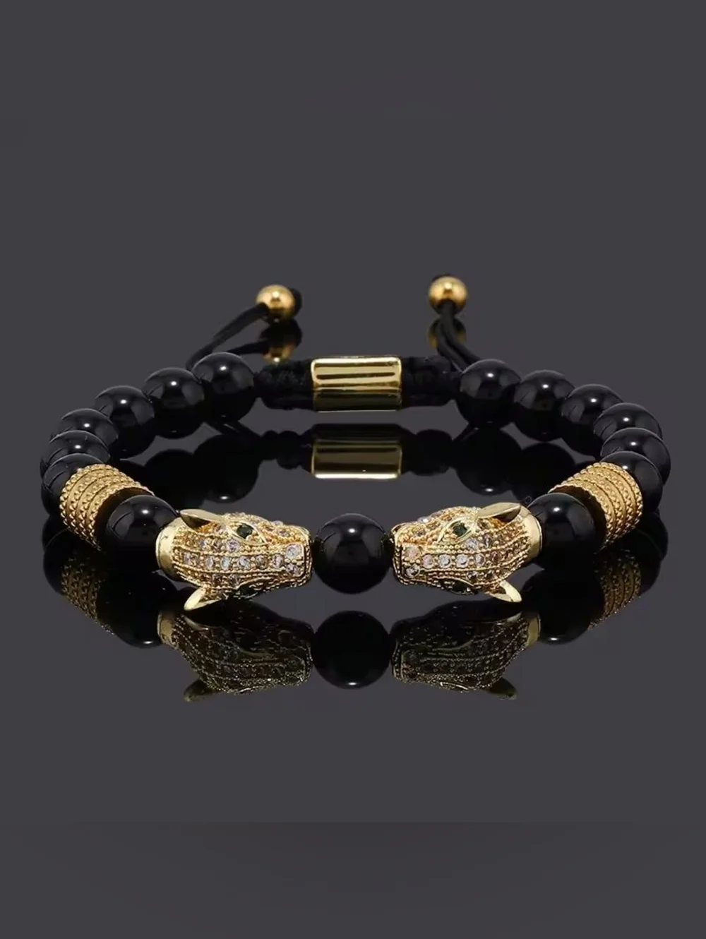 Black and Gold Panther Head Beaded Bracelet - Men's Fashion Jewelry